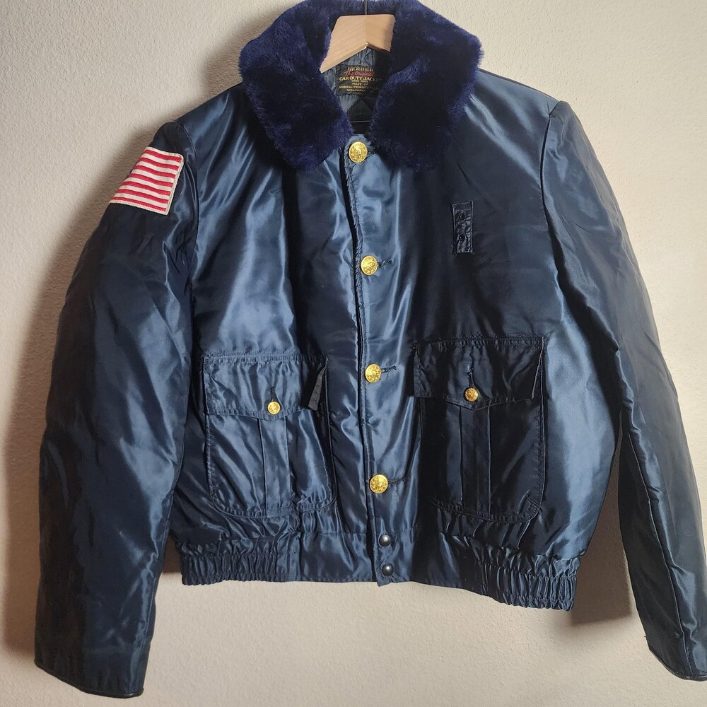 Vintage Gerber Jacket Mens Large Blue Car-Duty Nylon Bomber USA Flag Workwear